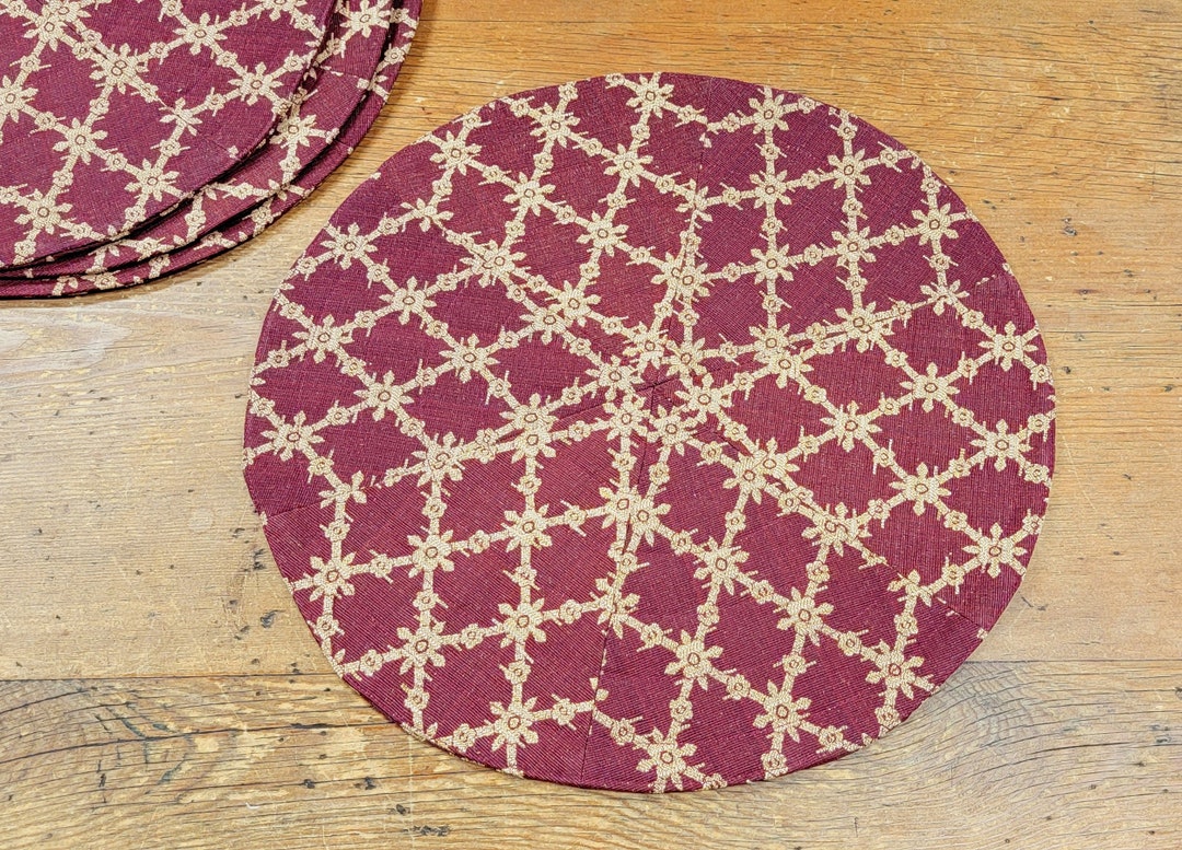 4 Round Quilted Reversible Placemats Burgundy Trellis Patchwork Fabric Handmade Etsy