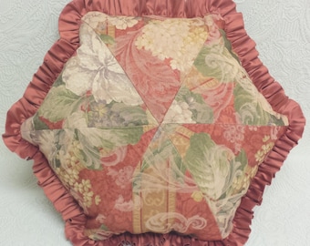 Floral Damask Hexagon Throw Pillow with Silk Ruffle