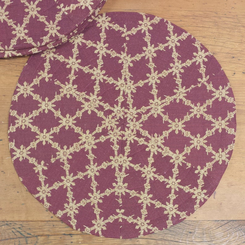 4 Round Quilted Patchwork Placemats Burgundy Gold Trellis Etsy