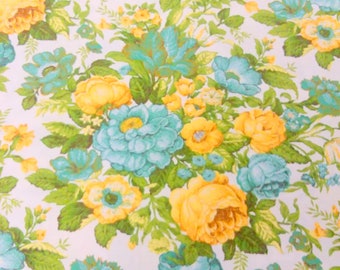 Vintage Waverly Floral Fabric: Aqua, Teal & Yellow Flowers - Vernon House