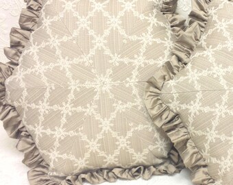 Taupe Lattice Throw Pillow: Hexagon with Silk Ruffle