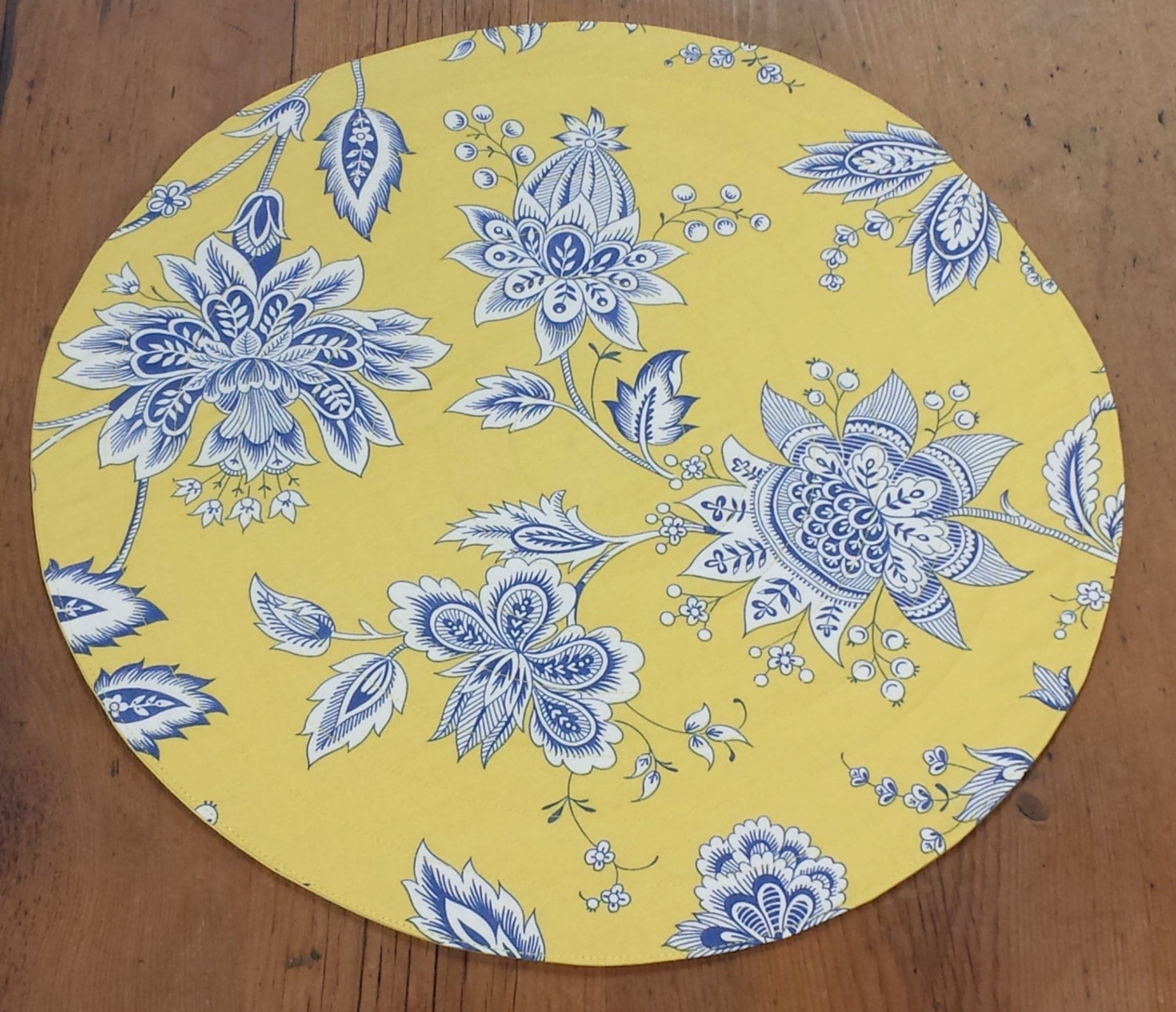 Round Placemats vibrant spring yellow blue white Jacobean Etsy