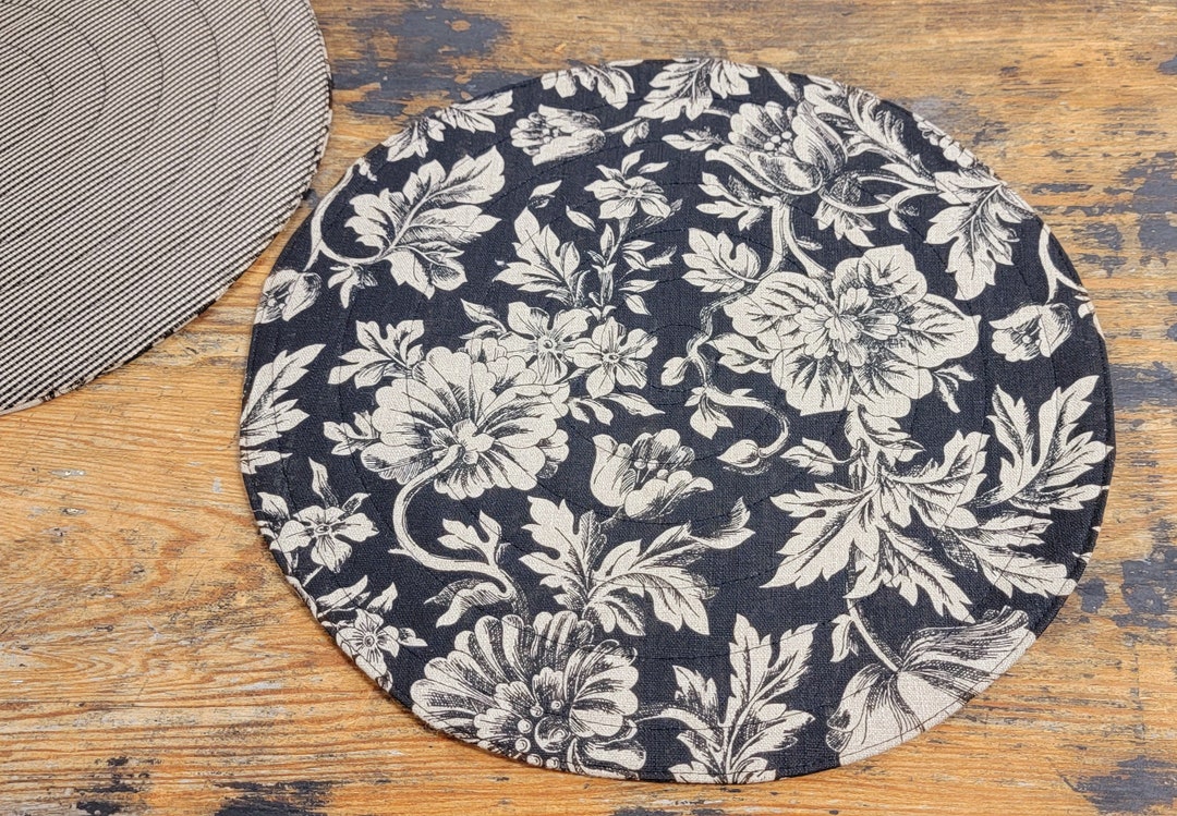 Round Quilted Placemats French Country 100 Natural Linen Floral Stripe