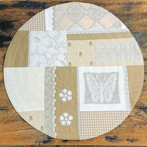 20" Round Quilted Linen Table Runner Topper/Centerpiece Mat vintage linens textiles trims patchwork calm cream beige neutral upcycle