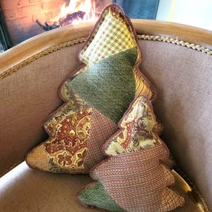 Christmas Tree Pillow / Holiday Decor / Fall into Winter Decoration / Modern Chenille Patchwork Forest Green
