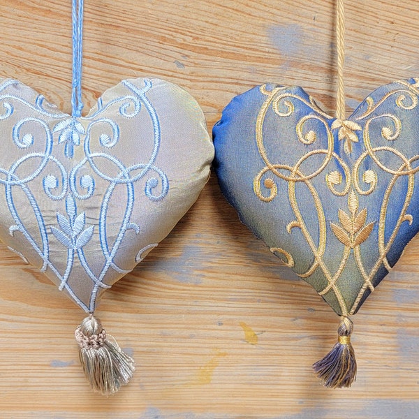 Embroidered Taffeta Hanging Heart Ornament Shades of Calm Iridescent blues