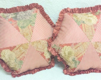 Damask Throw Pillows with Silk Ruffle: Burnt Orange Floral Patchwork (Set of 2)