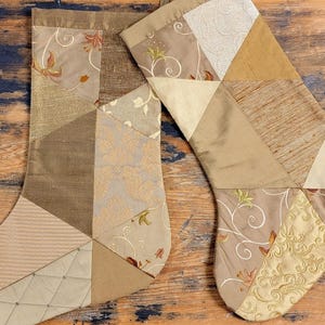 Christmas Stocking in gold bronze earth-tones contemporary patchwork designer silks & fabrics