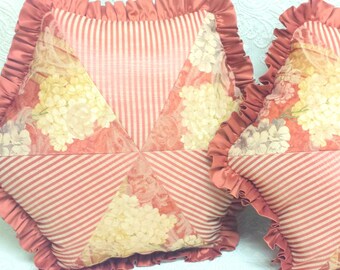 Damask Throw Pillows with Silk Ruffle: Burnt Sienna Patchwork, Set of 2