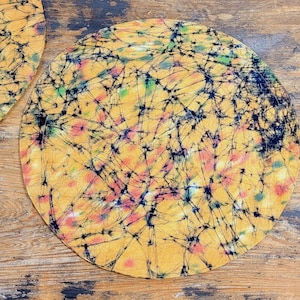 Round Quilted Placemats caramel gold black orange green batik tie-dye reversible boho hippie