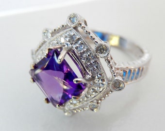 Vintage Amethyst Engagement Ring, Diamond Amethyst Antique Engagement Ring, Vintage Amethyst Diamond Ring, 14k White Gold Amethyst Ring