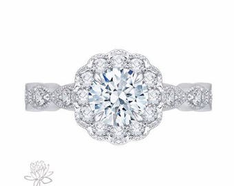 Floral Engagement Ring, Moissanite Floral Engagement Ring 18k white gold, Diamond Halo Engagement Ring, Forever One Moissanite Halo Ring 1ct