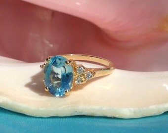 14k Vintage Blue Topaz Diamond Yellow Gold Ring, topaz diamond gold ring,topaz ring, gold diamond ring, blue topaz gemstone ring, gold rings