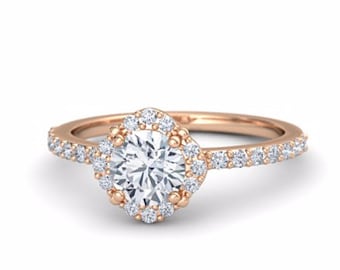 Rose Gold Moissanite Engagement Ring, Moissanite Rose Gold Engagement Ring, 14k Rose gold halo engagement ring, moissanite wedding ring