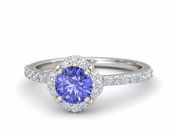 Tanzanite Engagement Ring, 14k White Gold Tanzanite Halo Ring, Engagement Rings Tanzanite, Tanzanite Rings White Gold, Tanzanite and Diamond