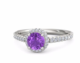 Purple diamond engagement ring white gold amethyst engagement ring, halo amethyst engagement ring, amethyst and diamond engagement ring
