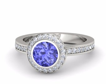 Raro Anello di fidanzamento in tanzanite Con diamanti Halo Lunetta incastonata oro bianco 14 carati, anello di fidanzamento con lunetta halo con diamanti in tanzanite, tanzanite da 1 carato