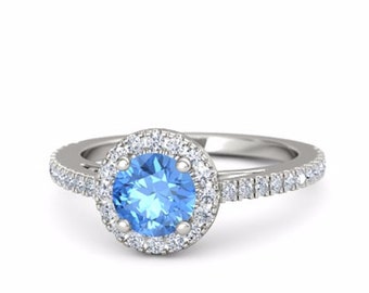 1ct London Blue Topaz Engagement Ring, Blue Topaz Diamond Halo Engagement Ring White Gold, London Blue Topaz Ring, blue topaz wedding ring