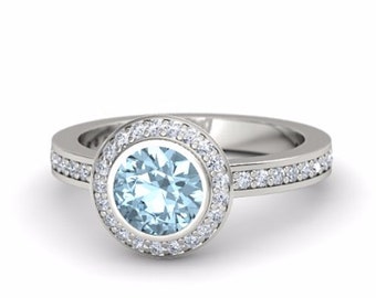 Handmade Natural Aquamarine Engagement Ring, 1 carat Aquamarine Wedding Ring Halo Diamond Ring 14k white gold, Diamond Bezel Engagement Ring