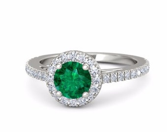 Emerald Diamond Engagement Ring, Emerald Ring, Emerald Engagement Ring, Diamond Halo Emerald Ring May Birthstone Custom Gemstone Ring
