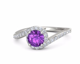 Purple Amethyst engagement ring, Engagement Ring Amethyst, Curved Diamond Band, Diamond Curved Band Engagement Ring, February Birthstone