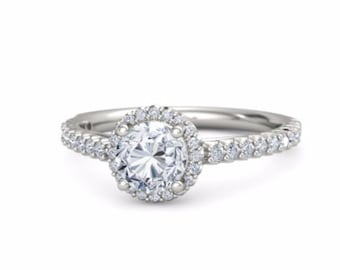 Anel de noivado Halo de diamante em ouro branco 14k, anel de noivado Halo de diamante tradicional, anéis de noivado Halo, anéis de halo de diamante feitos à mão
