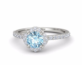 Aquamarine Diamond Halo Engagement Ring, Aquamarine Engagement Ring, White Gold Aquamarine Ring Aquamarine Halo Ring Aquamarine promise ring