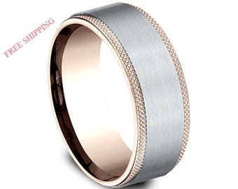 rose gold with white gold wedding band, 8mm rose gold ring, 8mm rose gold band, rose gold bands for men, mens rose gold bands 8mm, for him