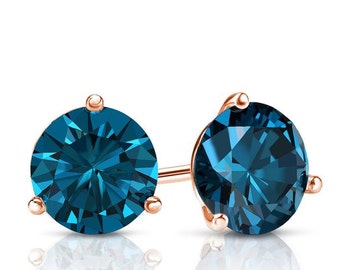 14k Rose Gold Blue Diamond Earrings, Blue Diamond Stud Earrings, Rose Gold Blue Diamond Stud Earrings