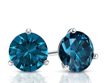blue diamond earrings studs, blue diamond studs, martini earring setting, navy blue earrings, natural blue diamond studs, white gold martini