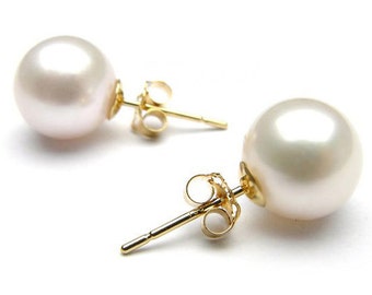 Round Pearl Earrings, 14k yellow gold, Genuine Pearls, Pearl birthstone stud earrings, pearl earrings, white pearl earrings, pearl studs