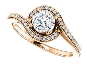 1/2 Rose Gold Diamond Halo Engagement Ring, Rose gold promise ring, rose gold diamond anniversary ring, Twist diamond halo ring, diamond