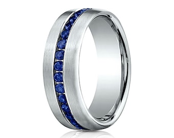 Blue Sapphire Wedding Band for Men, Men's Blue Sapphire Band