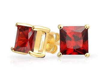 Red Garnet Earring Studs, Princess cut garnet earrings, stud earrings, gemstone earrings, January birthstone earrings, birthstone studs