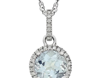 Diamond Aquamarine Necklace 18", 14k White Gold Pendant, Handmade