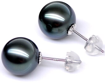 Pendientes de perlas negras, tachuelas de perla negra, pendientes de perlas negras, pendientes de perlas negras, pendiente de perla negra tahitiana, pendiente de perno negro