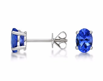 Pendientes de 1.52ctw Oval Tanzanite, 7x5mm, pernos de piedras preciosas, pendientes de tanzanita, pendientes de tanzanita de oro amarillo, oro blanco, óvalo
