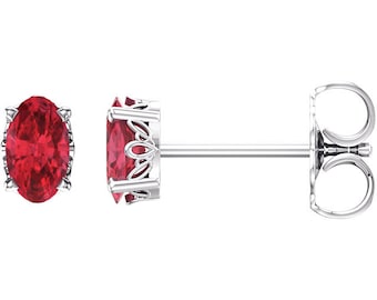 14k white gold ruby stud earrings, oval ruby earrings, oval ruby stud earrings, July birthstone stud earrings, red ruby earrings, scroll