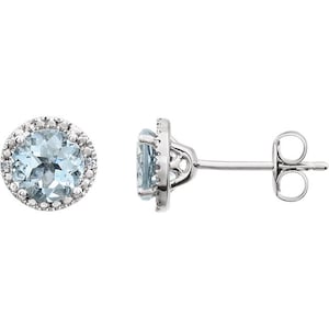 Aquamarine stud earrings, Silver Aquamarine Earrings, Aquamarine birthstone studs,Sterling Silver Aquamarine & .01 CTW Diamond Earrings