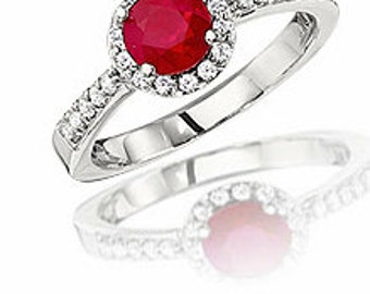 Promise Love Ring, Red Ruby Ring, Diamond halo ring 14 gold