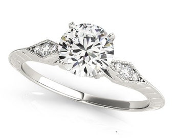 White Gold Diamond Cluster Engagement Ring, Round Diamond side cluster ring, simple engagement ring, moissanite rings, cluster wedding rings
