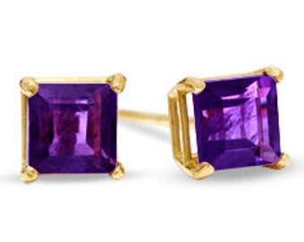 May include: A pair of square-shaped amethyst stud earrings set in yellow gold.