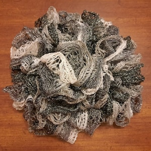 Frilly Scarf in Metallic Grey/White/Black~~ Sashay Starbella Handmade Scarf Knit Accessory Accessories ~~