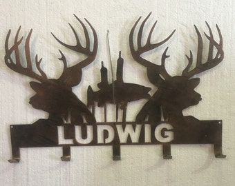 Christmas Deadline 12/12 Personalized Rustic Deer and Fish Hat/Coat Rack; for Cabins & Homes, Perfect Gift for Outdoorsmen and Hunters