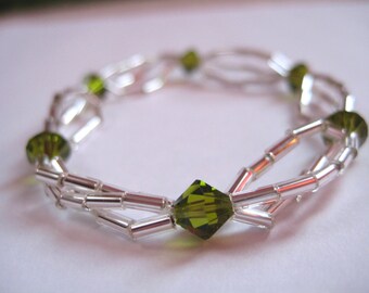 Olive Swarovski Crystal Bracelet; Three Strand