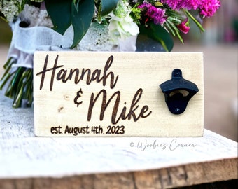Personalized Rustic Wedding Gift for the Couple Wood Burned Bottle Opener with Names and Date Engagement | Wood Anniversary Gifts Customized