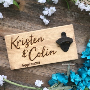 Personalized bottle opener is made of real, sturdy wood that has been stained and sealed for a rustic and cozy farmhouse feel. All words and design are completely wood burned by hand. Iron bottle opener and two sawtooth hangers are included.