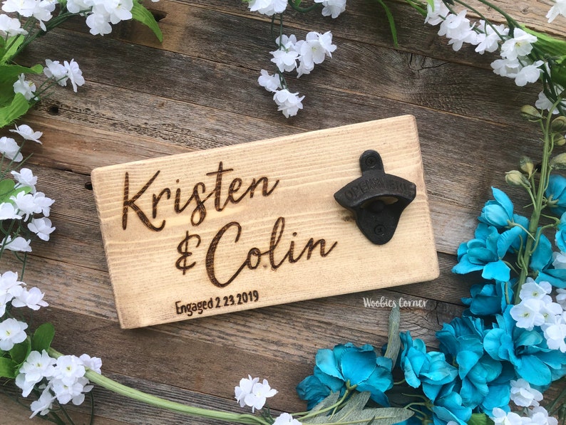 Personalized bottle opener is made of real, sturdy wood that has been stained and sealed for a rustic and cozy farmhouse feel. All words and design are completely wood burned by hand. Iron bottle opener and two sawtooth hangers are included.