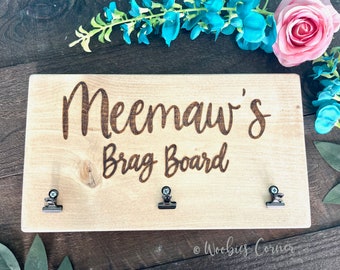 Gift for Grandma, Meemaw Gifts, Gift for Mom, Personalized Wood Burned Brag Board with 3 Photo Clips, Custom Gift for Mom, Picture Hanger