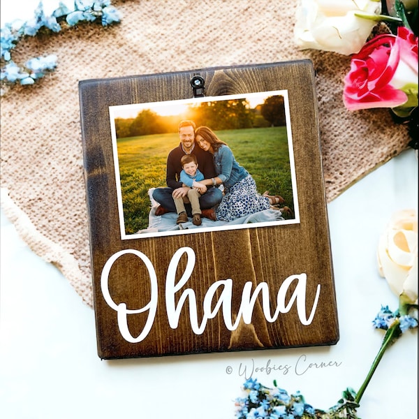Custom Family Picture Frame | 4x6 Personalized Photo Gift for Family | Ohana Wood Sign with Clip  | Rustic Anniversary Gifts for Mom Dad